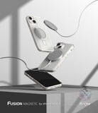 [Combo] iPhone 14 Plus | Folio Wallet Magnetic + Fusion Magnetic - Three clear iPhone 14 Plus cases floating with magnetic chargers.
