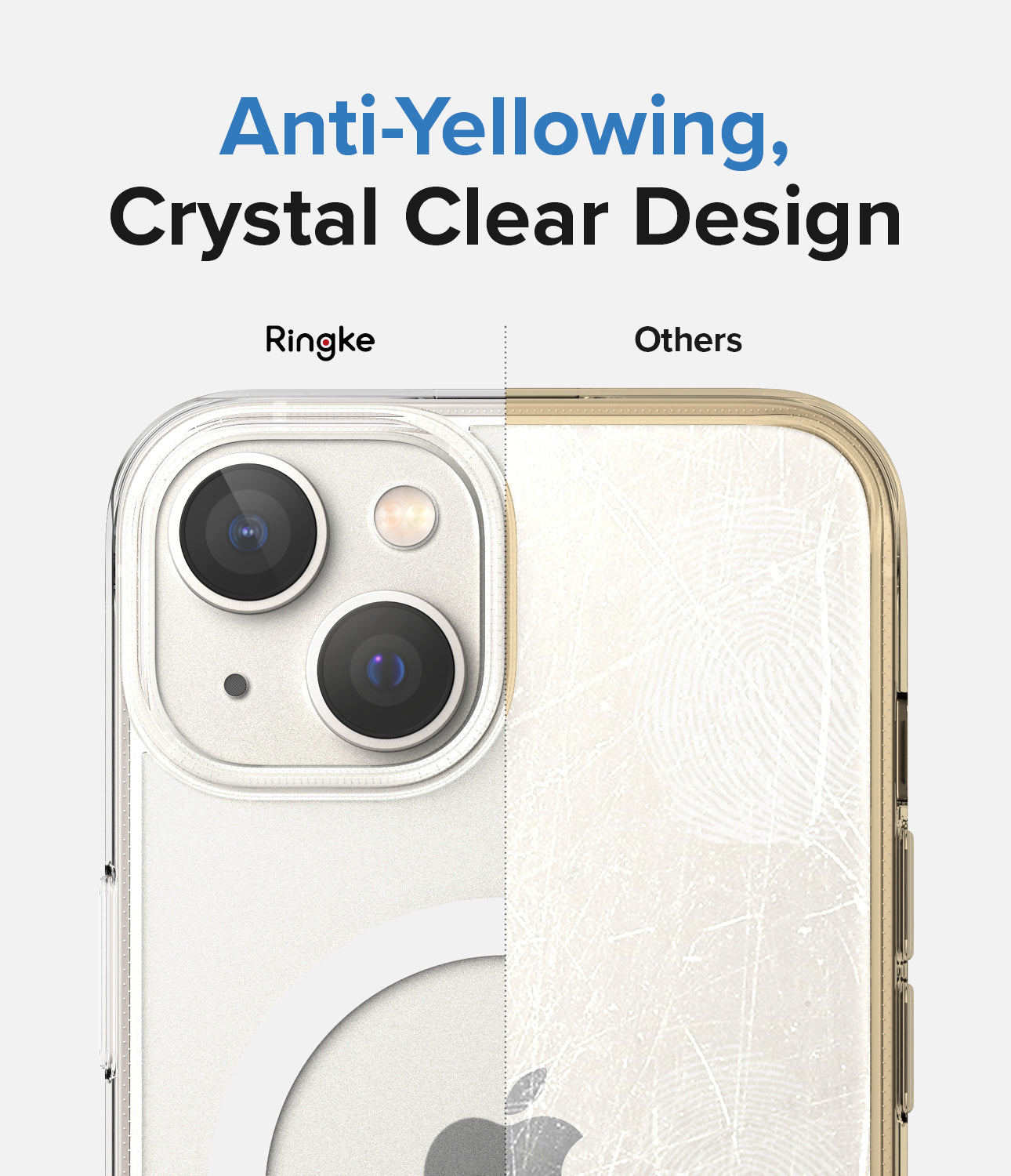 [Combo] iPhone 14 Plus | Folio Wallet Magnetic + Fusion Magnetic - Comparison showing clear Ringke case vs yellowed, scratched case.