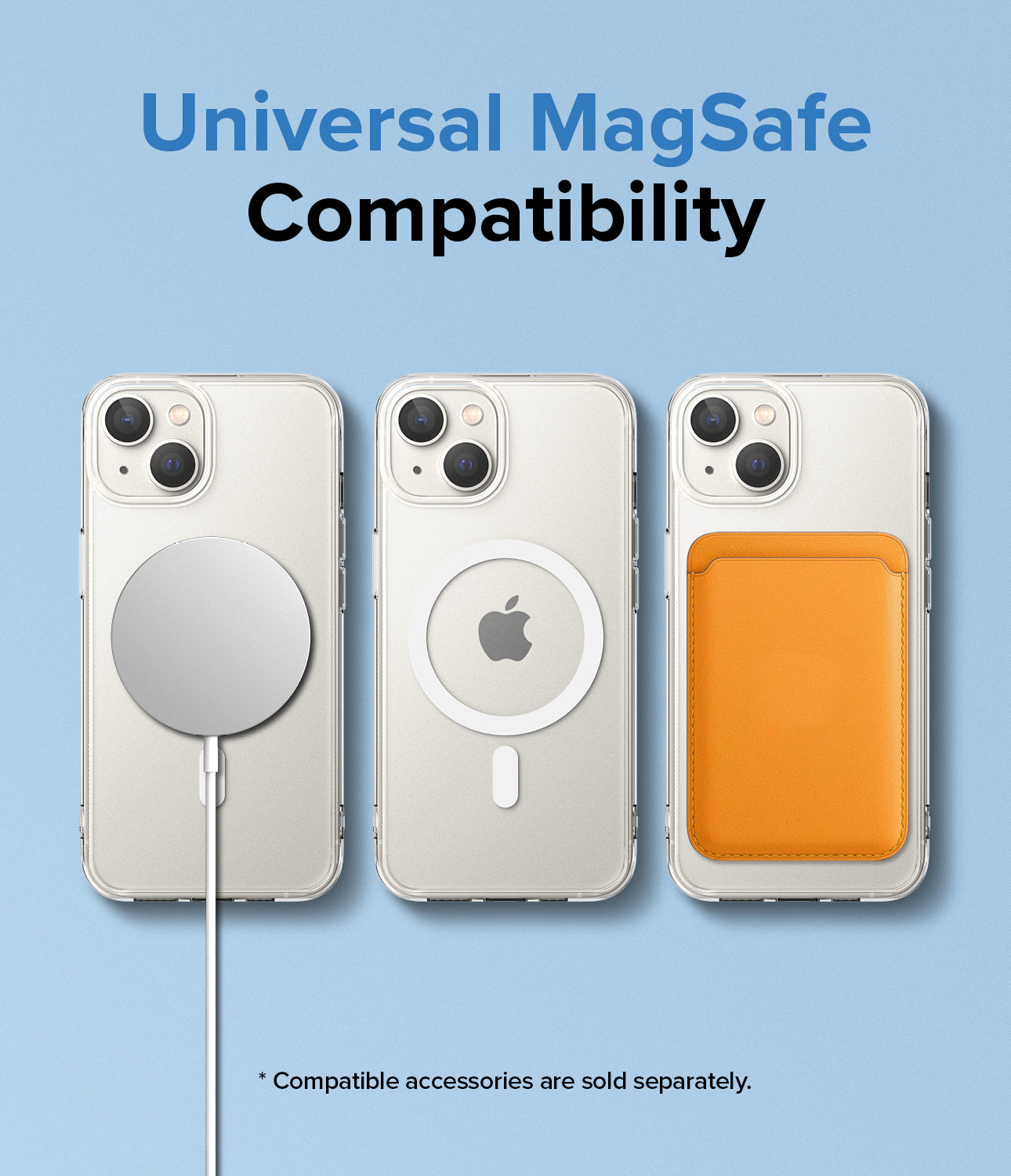 [Combo] iPhone 14 Plus | Folio Wallet Magnetic + Fusion Magnetic - Three iPhones in clear cases showing MagSafe charger, ring, and wallet attachment.
