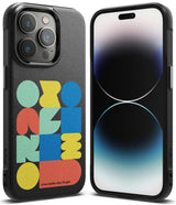 iPhone 14 Pro Max Case | Onyx Design - Black phone case with colorful geometric shapes and an iPhone 14 Pro Max front view.