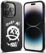 iPhone 14 Pro Max Case | Onyx Design - Black phone case with white graffiti-style smiley face and text on the back.