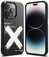 iPhone 14 Pro Max Case | Onyx Design - Black phone case with white brushstroke X and error message text on back.