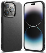 iPhone 14 Pro Max Case | Onyx - Matte black textured phone case shown from the back and front on an iPhone 14 Pro Max.