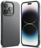 iPhone 14 Pro Max Case | Onyx - Front and back view of a textured dark gray phone case on an iPhone 14 Pro Max.
