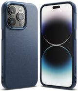 iPhone 14 Pro Max Case | Onyx - Navy blue textured protective case shown from the back and front on an iPhone 14 Pro Max.