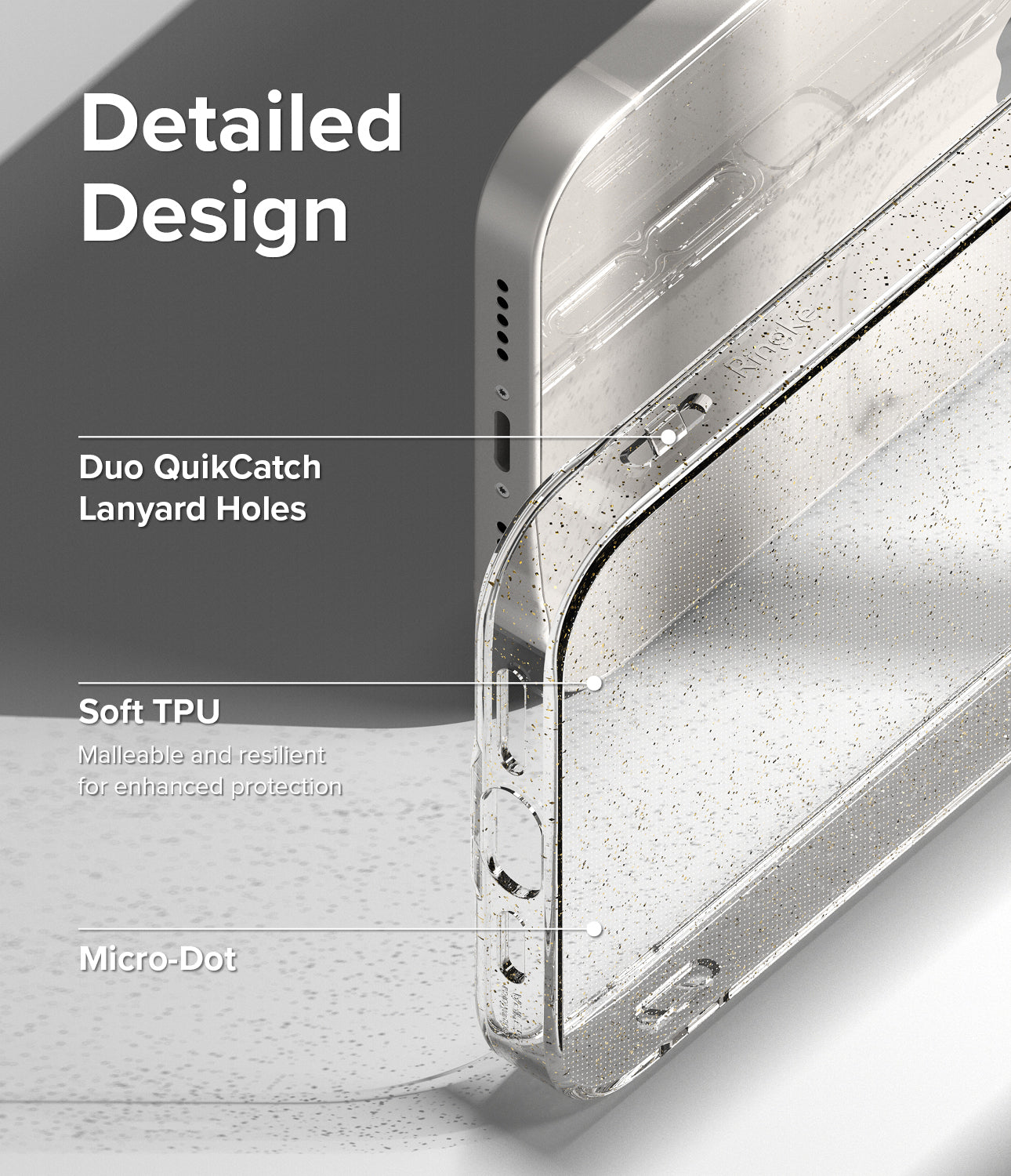 iPhone 14 Case | Air - Glitter Clear - Detailed Design. Duo QuikCatch Lanyard Holes. Malleable and resilient for enhanced protection with Soft TPU. Micro-Dot