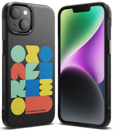 iPhone 14 Case | Onyx Design - Black phone case with colorful geometric shapes and a front view of the phone screen.