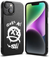 iPhone 14 Case | Onyx Design - Black phone case with white graffiti-style smiley face and text on a textured background.