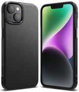iPhone 14 Case | Onyx - Matte black textured phone case shown from the back and front with a colorful abstract screen.