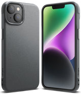iPhone 14 Case | Onyx - Front and back view of a textured dark gray phone case on an iPhone with a colorful abstract screen.