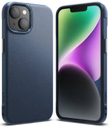 iPhone 14 Case | Onyx - Navy blue textured phone case shown from the back and front with a colorful abstract screen display.