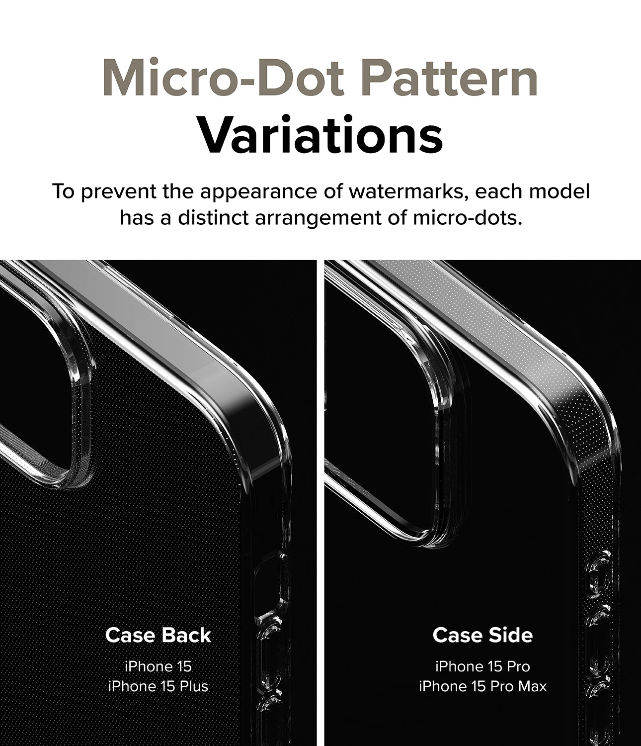 iPhone 15 Pro Max Case | Air Clear - Micro-Dot Pattern Variations. To prevent the appearance of watermarks, each model has a distinct arrangement of micro-dots