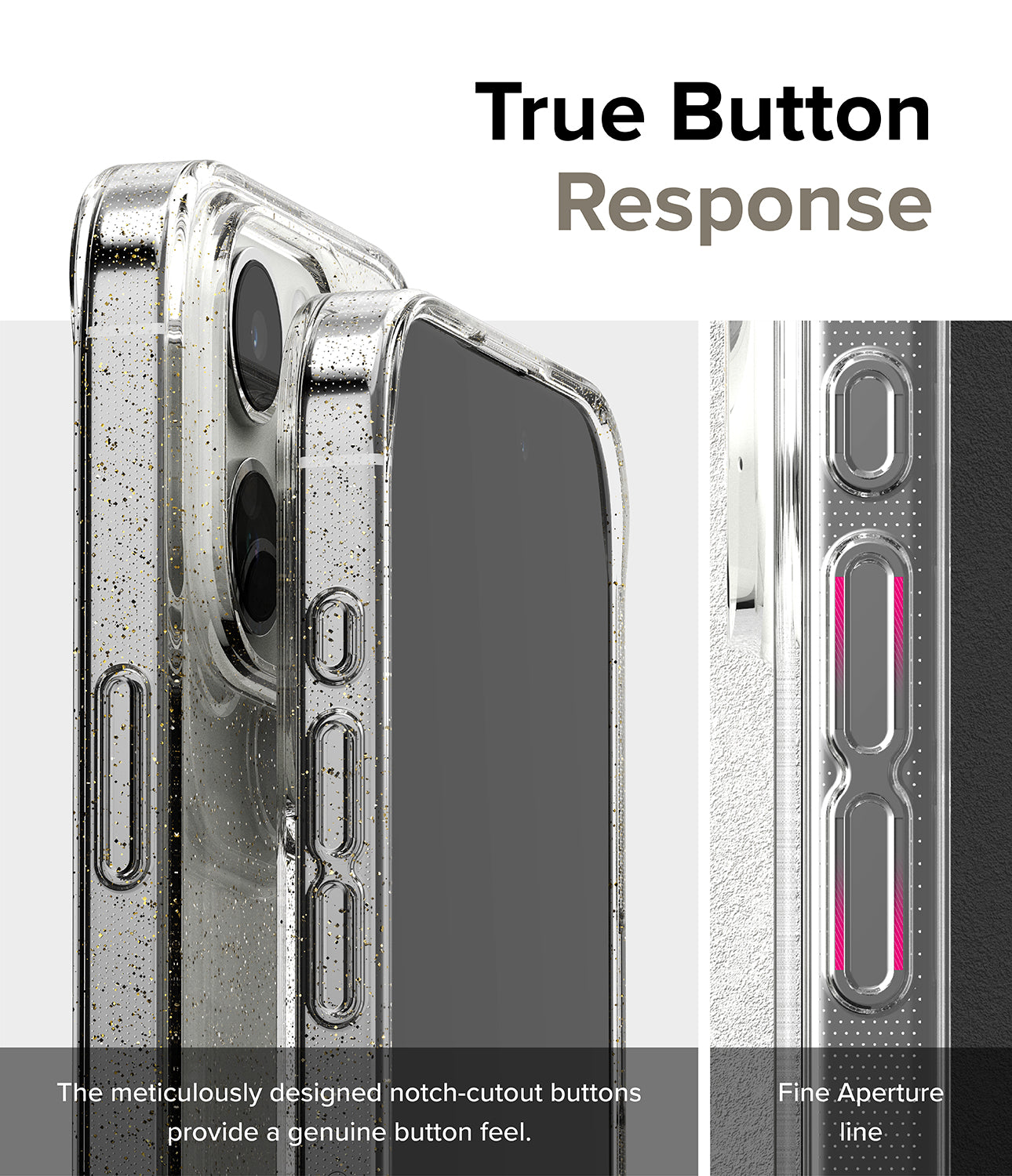 iPhone 15 Pro Max Case | Air Glitter Clear - True Button Response. The meticulously designed notch-cutout buttons provide a genuine button feel. Fine Aperture line.