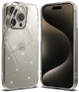 iPhone 15 Pro Max Case | Air - Clear, glitter-infused phone case shown from back and front views on a gold iPhone.