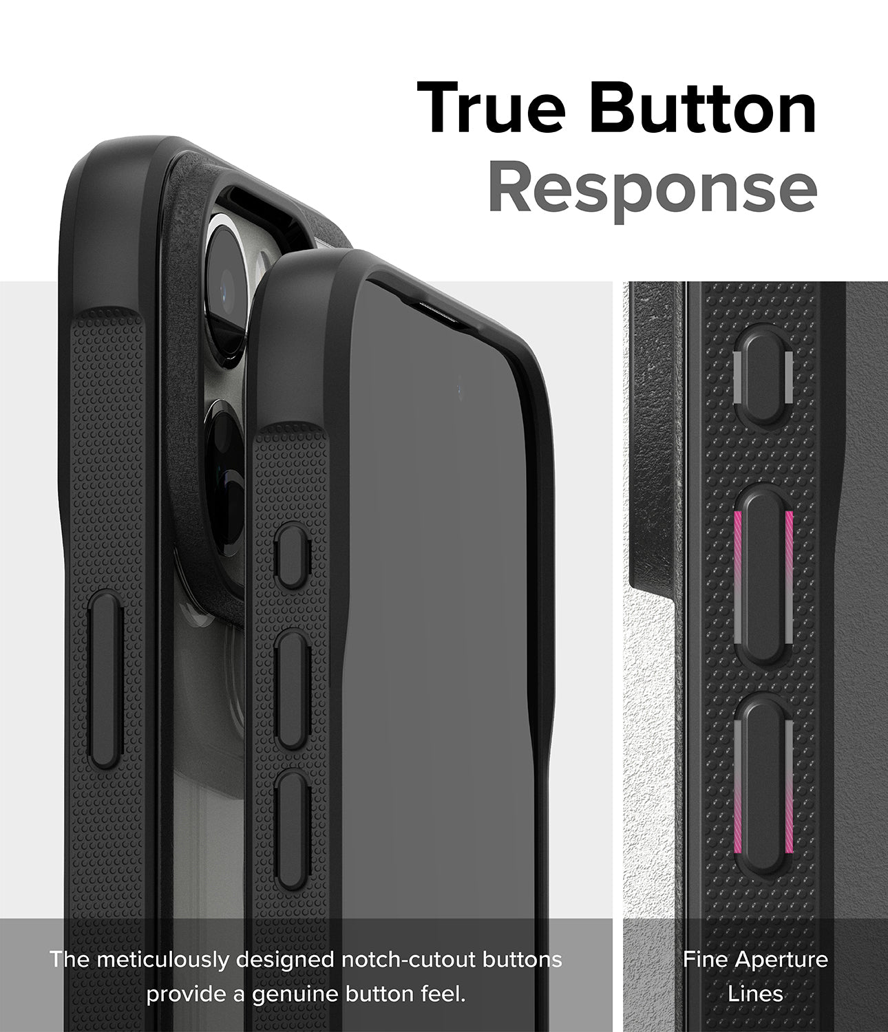 iPhone 15 Pro Max Case | Fusion Bold Black - True Button Response. The meticulously designed notch-cutout buttons provide a genuine button feel. Fine Aperture Lines.