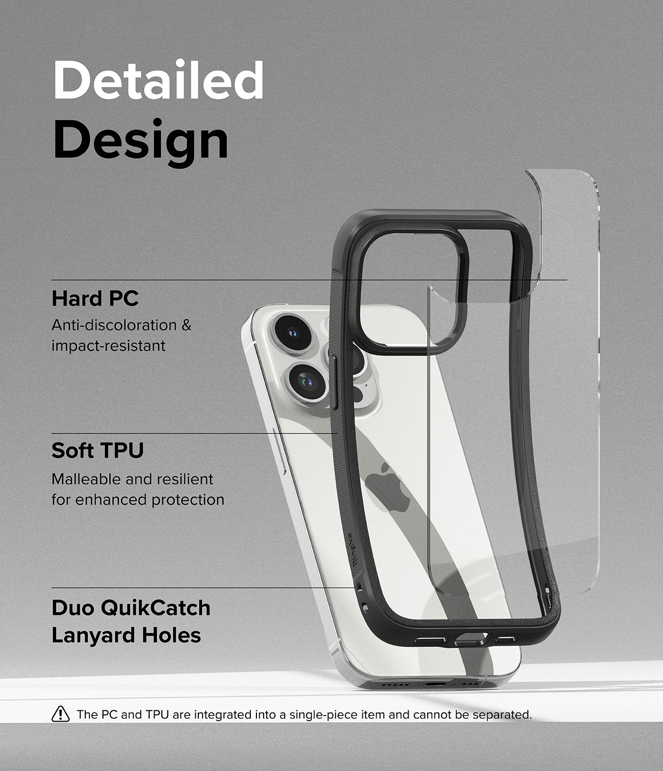 iPhone 15 Pro Max Case | Fusion Bold Black - Detailed Design. Anti-discoloration and impact-resistant with Hard PC. Malleable and resilient for enhanced protection with Soft TPU. Duo QuikCatch Lanyard Holes