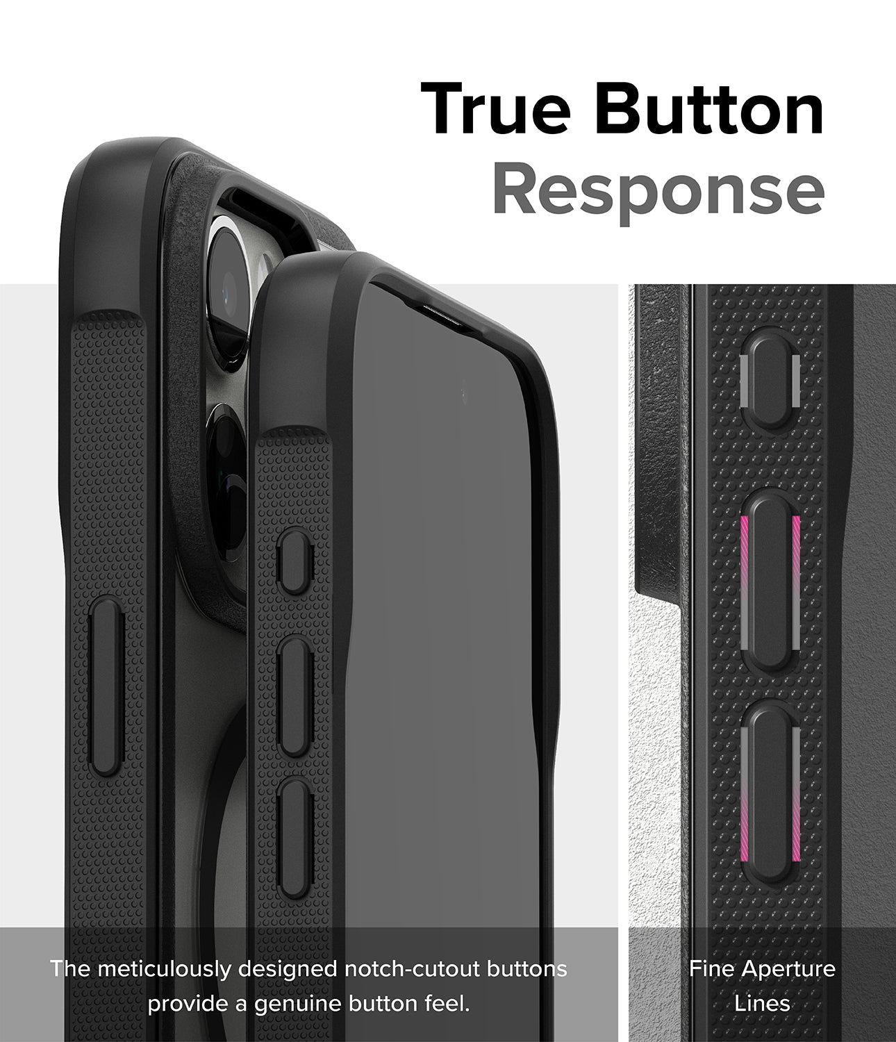 iPhone 15 Pro Max Case | Fusion Bold Magnetic - True Button Response. The meticulously designed notch-cutout buttons provide a genuine button feel. Fine Aperture Lines