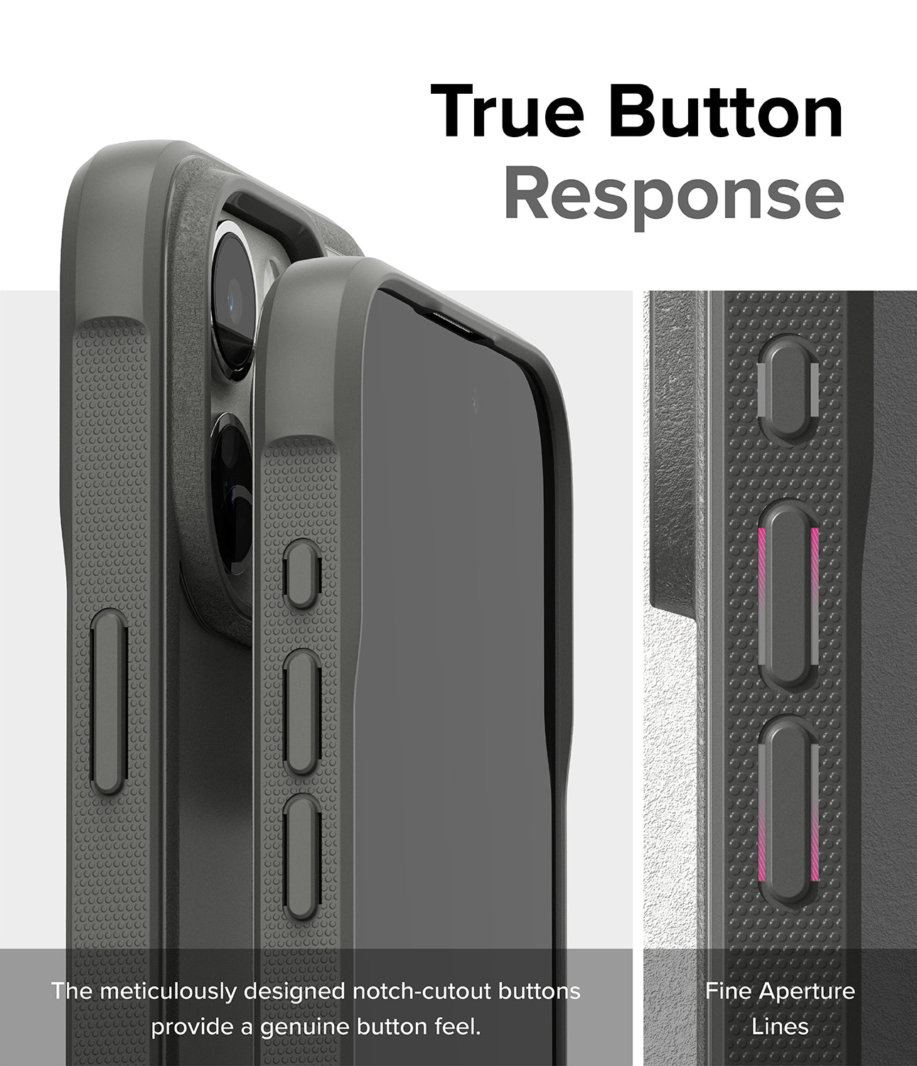 iPhone 15 Pro Max Case | Fusion Bold Matte Gray  - True Button Response. The meticulously designed notch-cutout buttons provide a genuine button feel. Fine Aperture Lines.