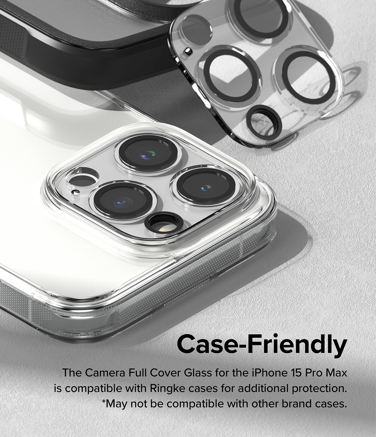 iPhone 15 Pro Max | Camera Protector Glass [2 Pack] - Case-Friendly. The Camera Full Cover Glass for the iPhone 15 Pro Max is compatible with Ringke cases for additional protection. May not be compatible with other brand cases.