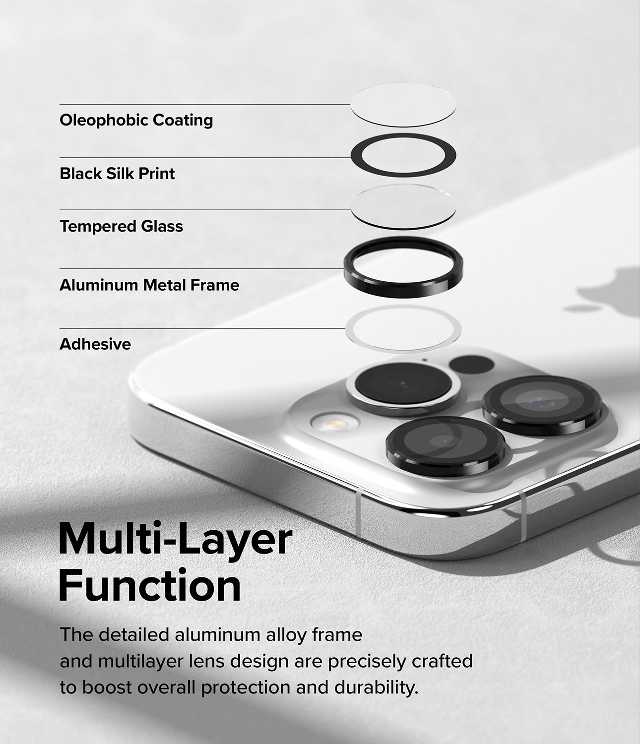 iPhone 15 Pro Max | Camera Lens Frame Glass - Multi-Layer Function. The detailed aluminum alloy frame and multi-layer lens design are precisely crafted to boost overall protection and durability.