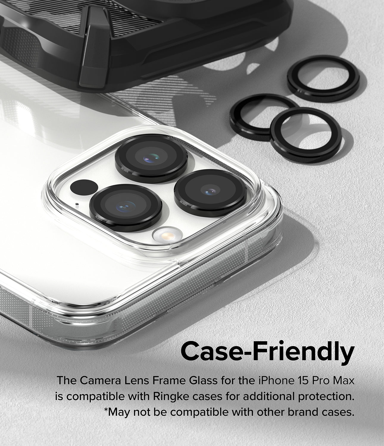 iPhone 15 Pro Max | Camera Lens Frame Glass- Case-Friendly. The Camera Lens Frame Glass for the iPhone 15 Pro Max is compatible with Ringke cases for additional protection. May not be compatible with other brand cases.