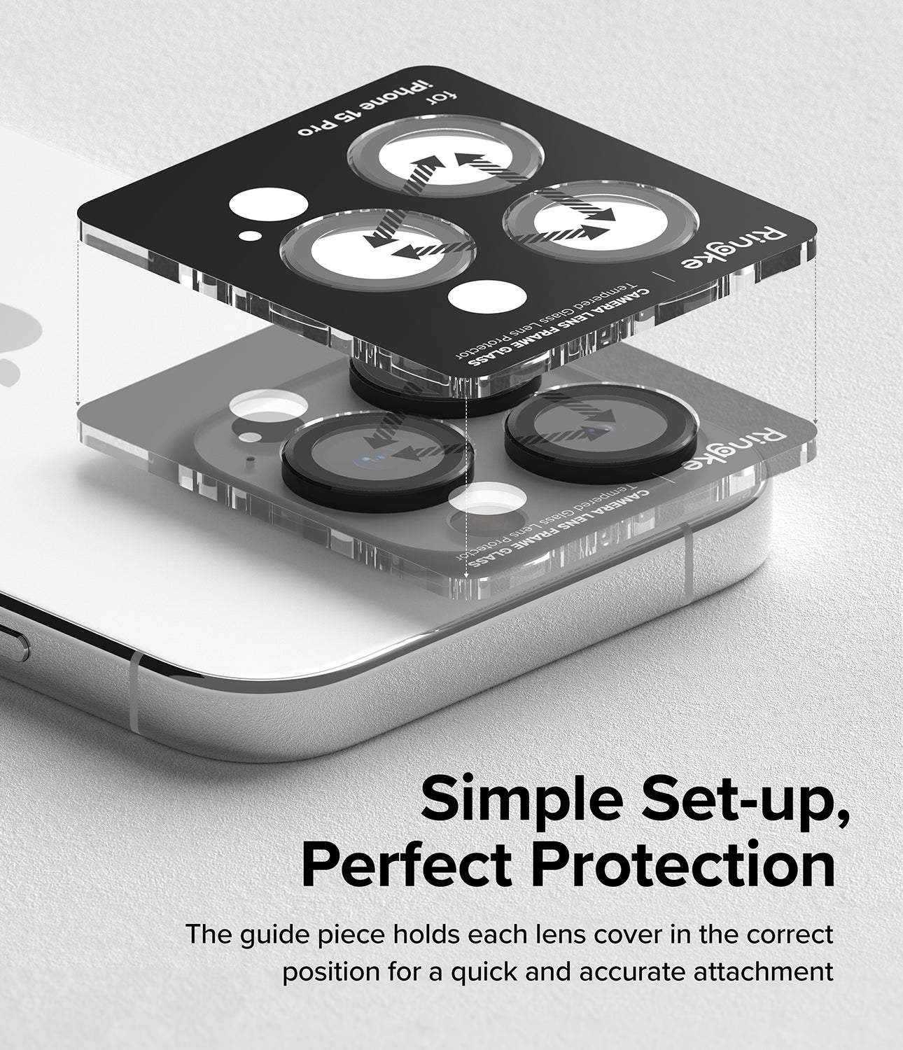 iPhone 15 Pro Max | Camera Lens Frame Glass - Simple Set-up, Perfect Protection. The guide piece holds each lens cover in the correct position for a quick and accurate attachment.
