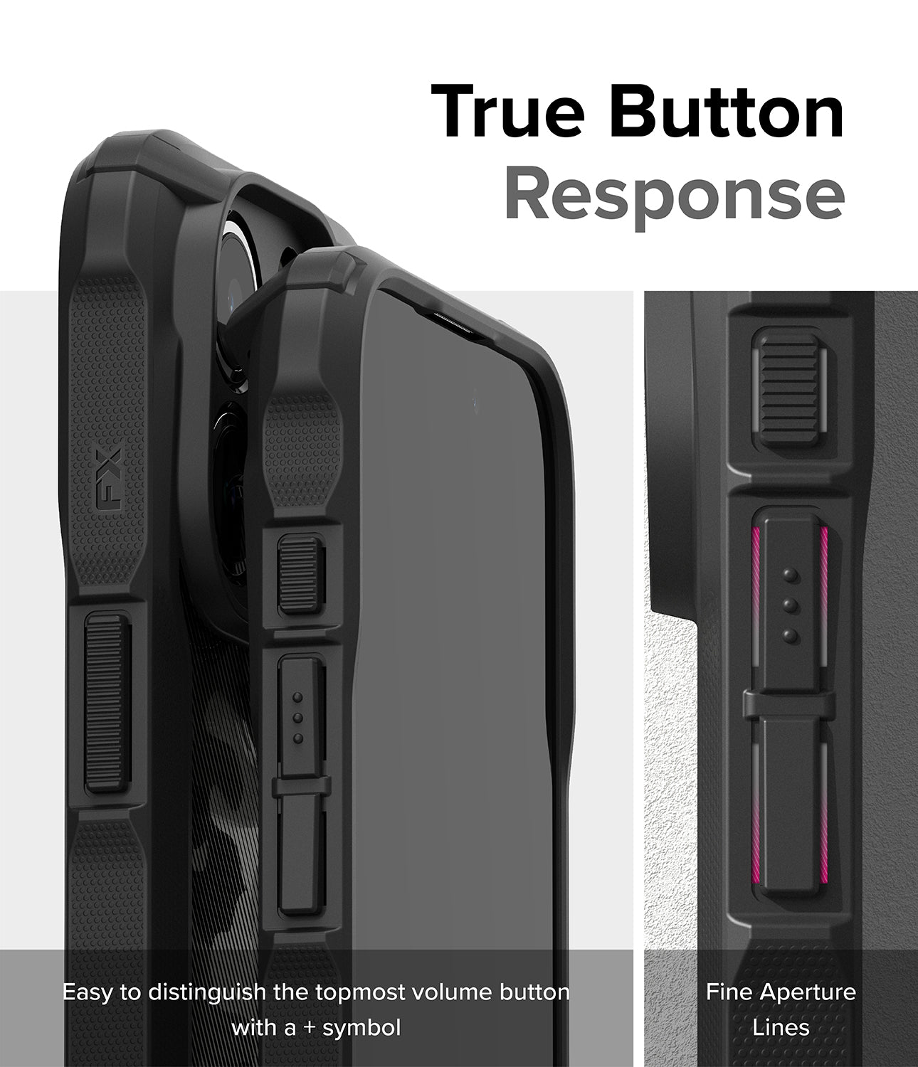 Ốp lưng iPhone 15 Pro Max | Fusion-X Camo Black - Phản hồi nút bấm chân thực. Dễ dàng phân biệt nút âm lượng trên cùng với biểu tượng +. Đường khẩu độ tốt