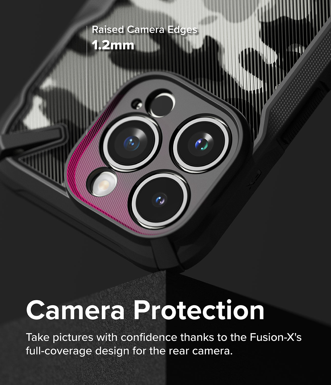 Ốp lưng iPhone 15 Pro Max | Fusion-X Camo Black - Bảo vệ camera. Chụp ảnh một cách tự tin nhờ thiết kế bao phủ toàn bộ camera sau của Fusion-X.