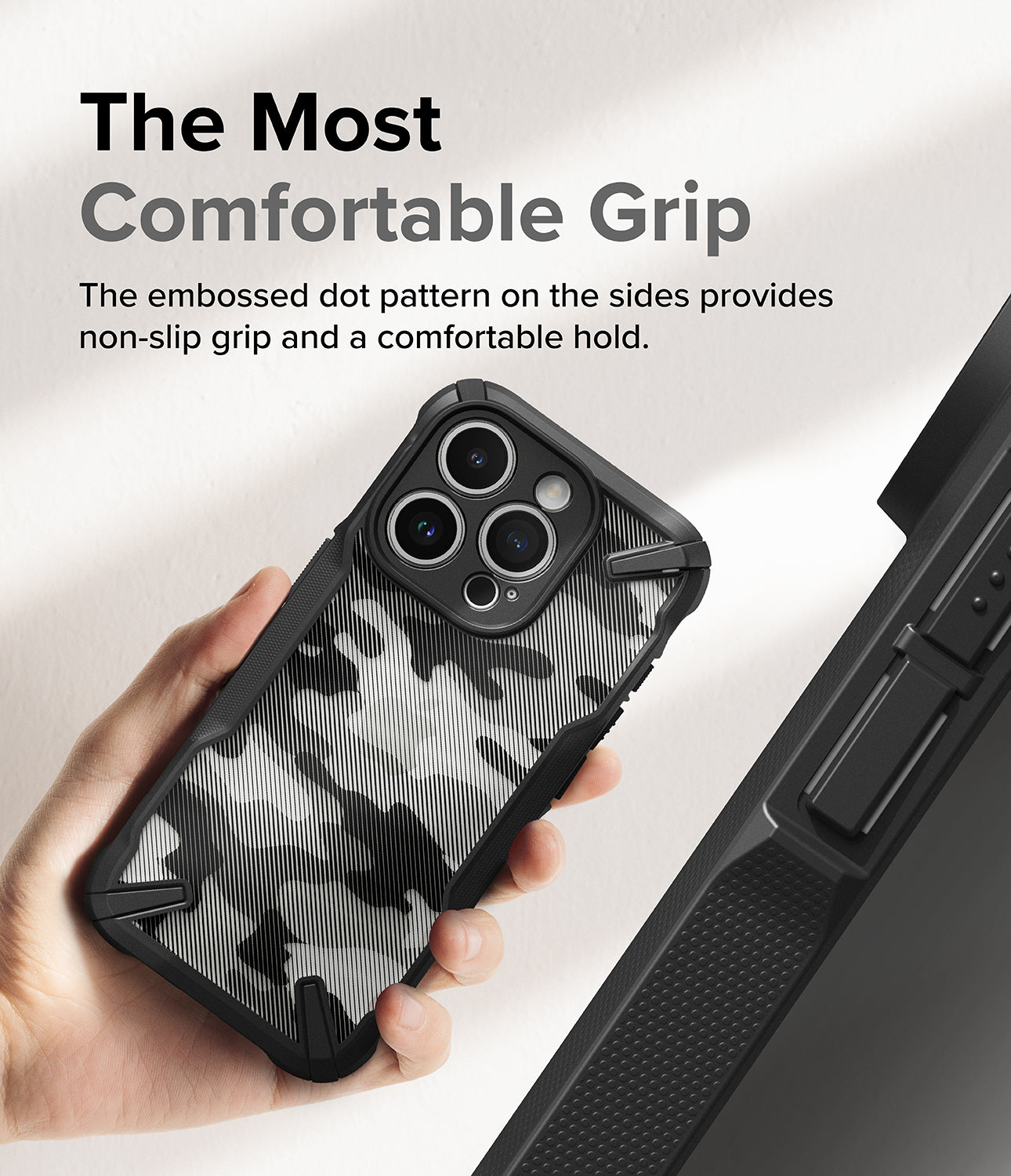 Ốp lưng iPhone 15 Pro Max | Fusion-X Camo Black - Cảm giác cầm nắm thoải mái nhất. Họa tiết chấm dập nổi ở hai bên giúp cầm nắm chống trượt và cầm nắm thoải mái.