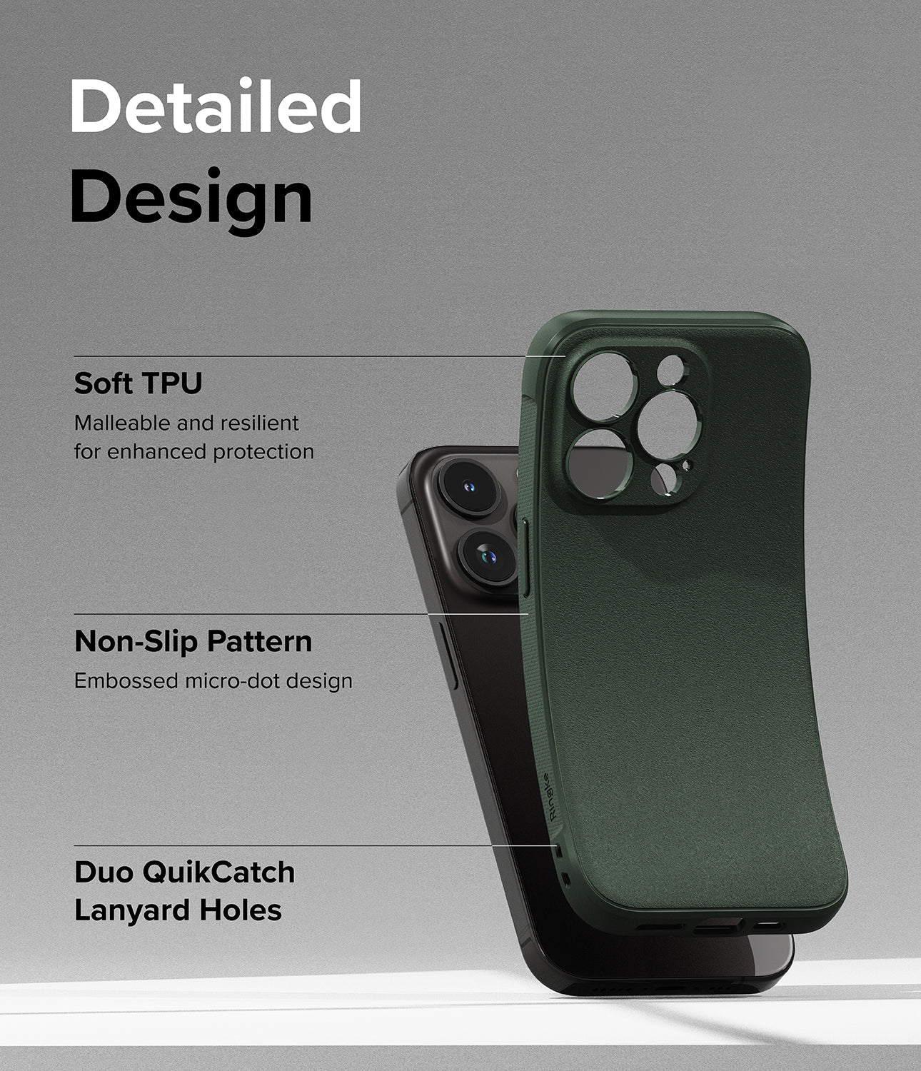 iPhone 15 Pro Max Case | Onyx - Dark Green - Detailed Design. Malleable and resilient for enhanced protection with Soft TPU. Embossed micro-dot design with Non-Slip Pattern. Duo QuikCatch Lanyard Holes.