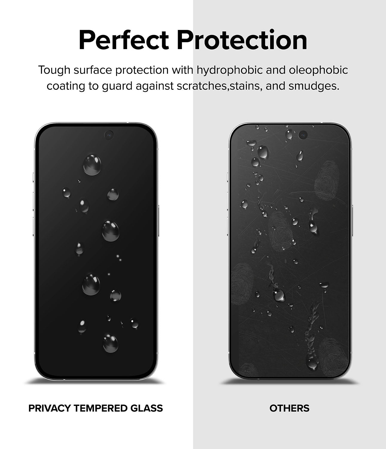 iPhone 15 Pro Max Screen Protector | Privacy Glass - Perfect Protection. Touch surface protection with hydrophobic and oleophobic coating to guard against scratches, stains, and smudges.