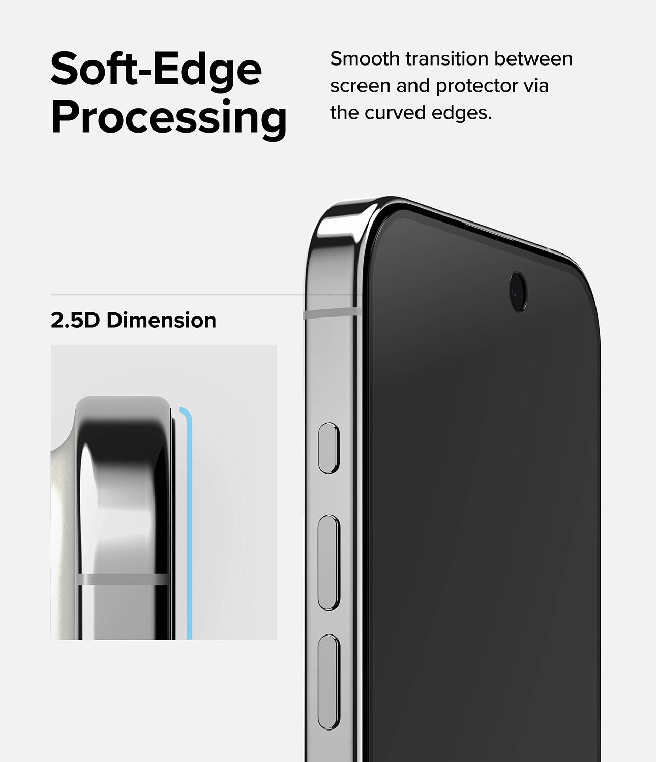 iPhone 15 Pro Max Screen Protector | Privacy Glass- Soft-Edge Processing. Smoothing transition between screen and protector via the curved edges.