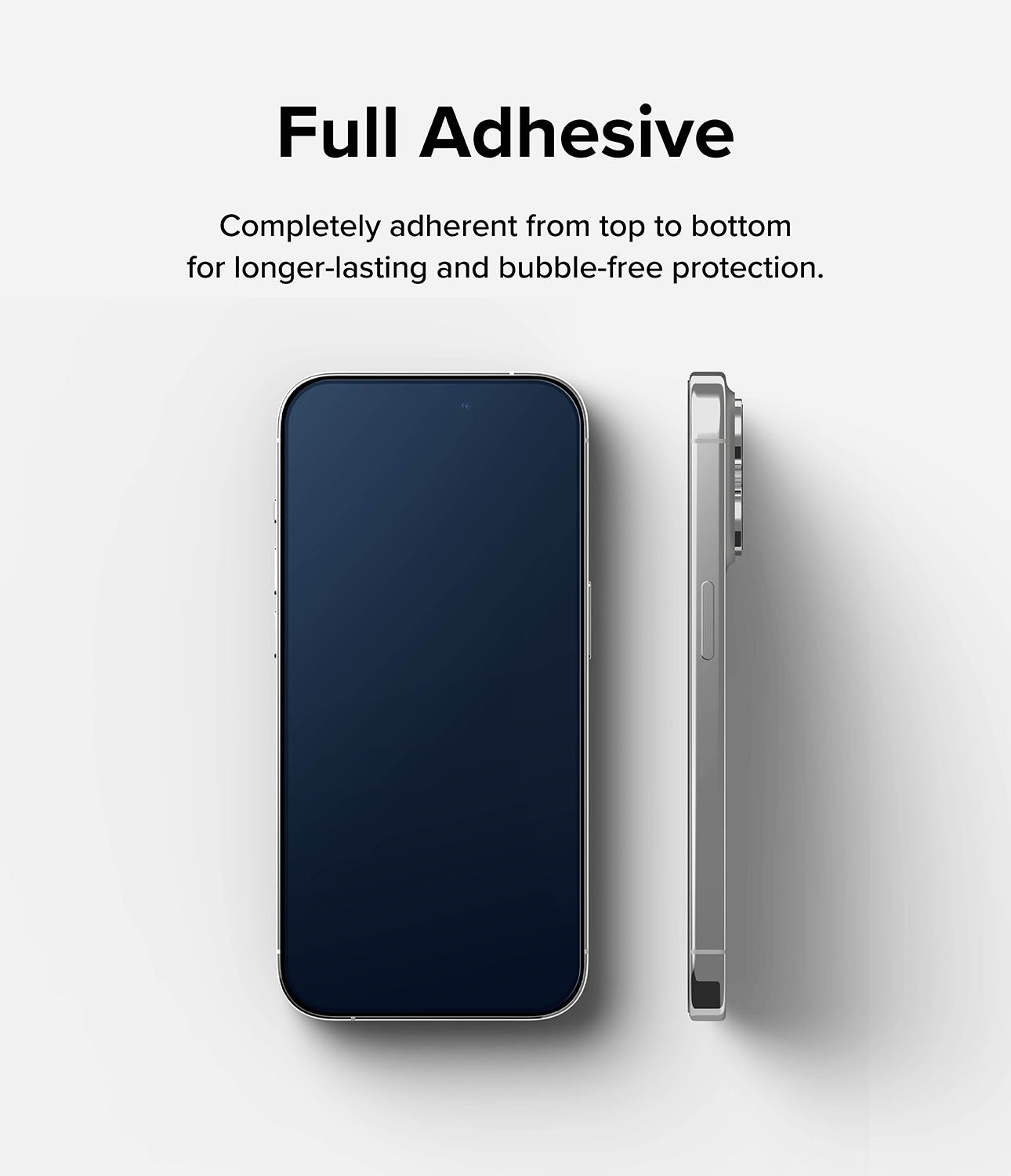 iPhone 15 Pro Max Screen Protector | Full Cover Glass - Full Adhesive. Completely adherent from top to bottom for longer-lasting and bubble-free protection.
