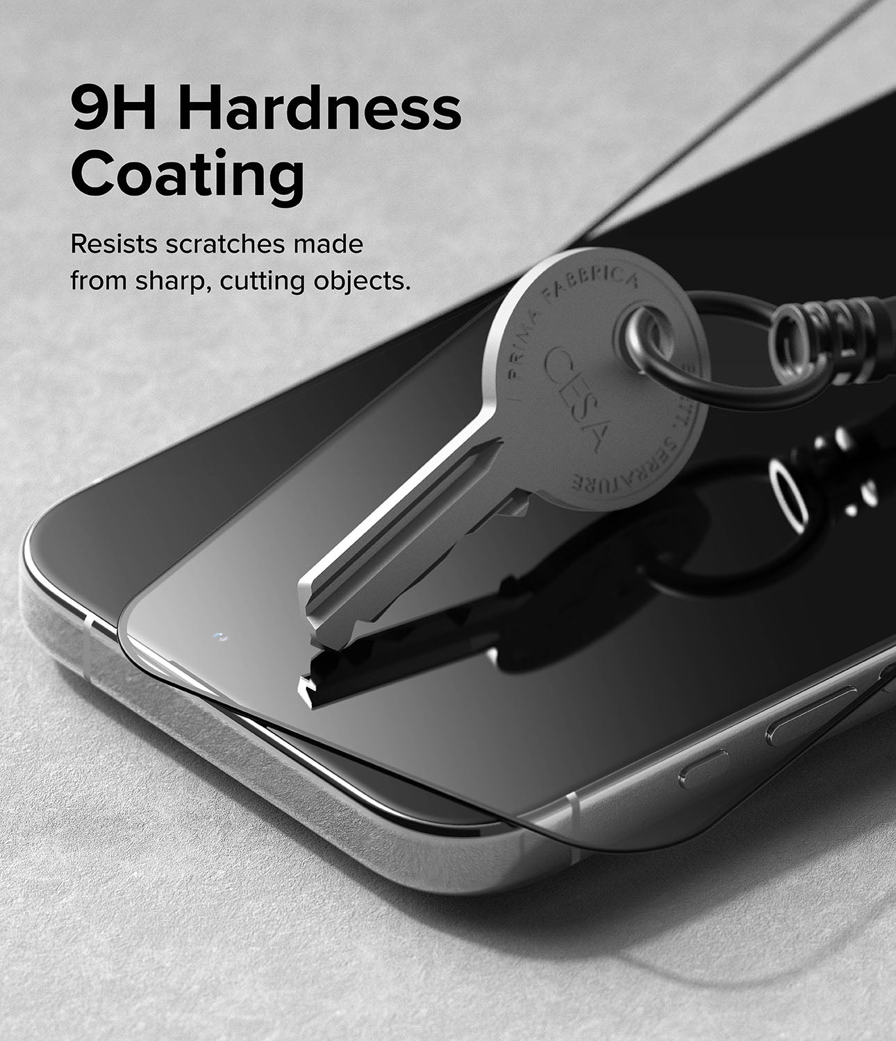 iPhone 15 Pro Max Screen Protector | Full Cover Glass - 9H Hardness Coating. Resists scratches made from sharp, cutting objects.