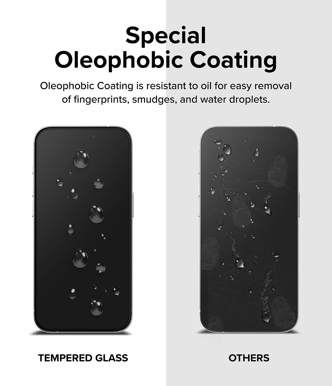iPhone 15 Pro Max Screen Protector | Full Cover Glass - Special Oleophobic Coating. Oleophobic Coating is resistant to oil for easy removal of fingerprints, smudges, and water droplets.