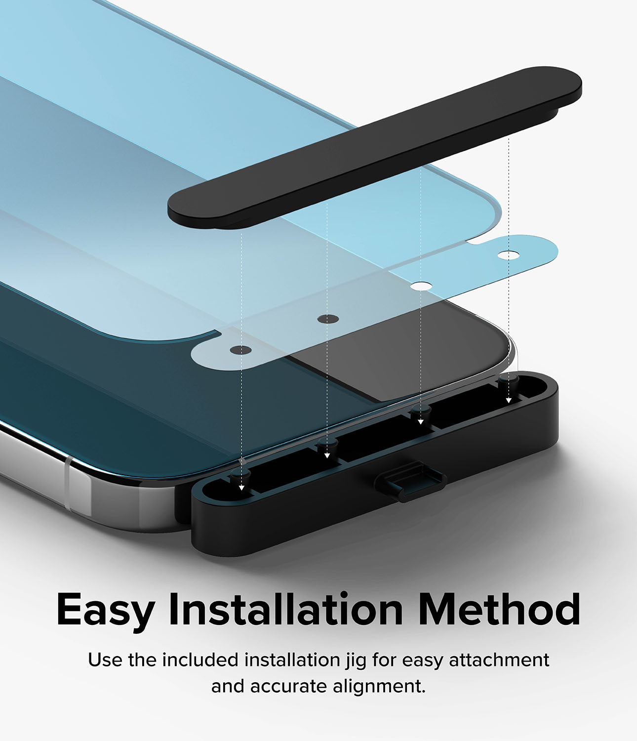 iPhone 15 Pro Max Screen Protector | Full Cover Glass - Easy Installation Method. Use the included installation jig for easy attachment and accurate alignment.