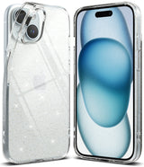 iPhone 15 Plus Case | Air - Clear, glittery protective case shown from back and front on an iPhone 15 Plus.