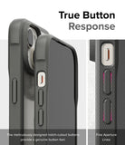 iPhone 15 Plus Case | Fusion Bold - Clear/Gray - True Button Response. The meticulously designed notch-cutout buttons provide a genuine button feel. Fine Aperture Lines.
