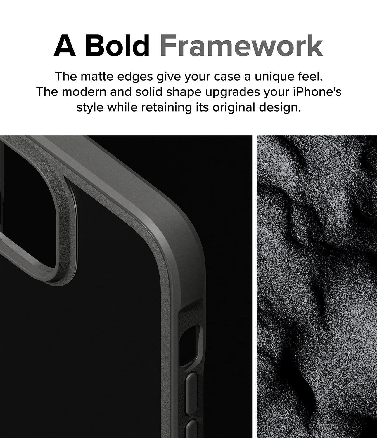 iPhone 15 Plus Case | Fusion Bold - Clear/Gray - A Bold Framework. The matte edges give your case a unique feel. The modern and solid shape upgrade your iPhone's style while retaining its original design.