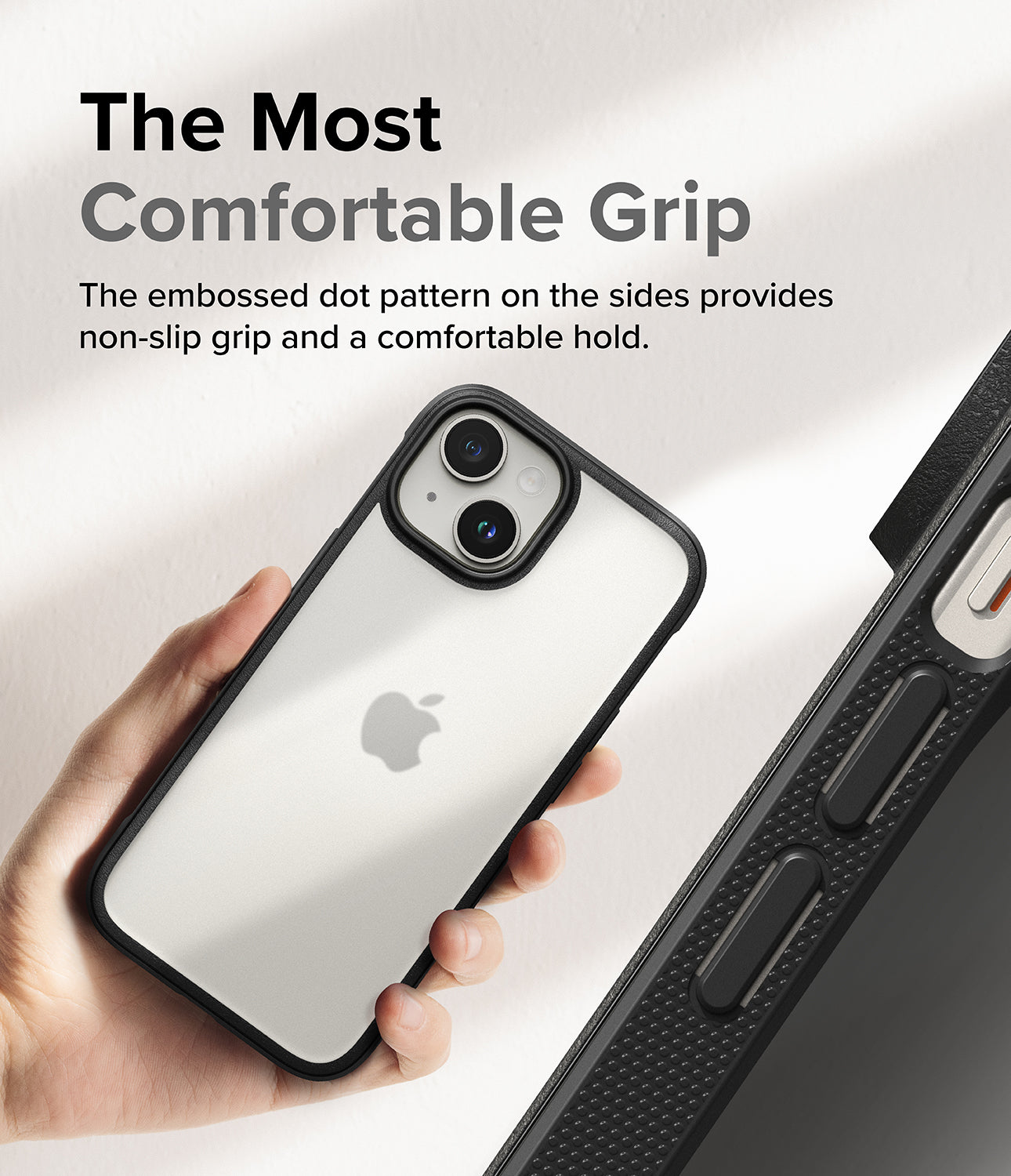 iPhone 15 Plus Case | Fusion Bold - Matte/Black - The Most Comfortable Grip. The embossed dot pattern on the sides provides non-slip grip and a comfortable hold.