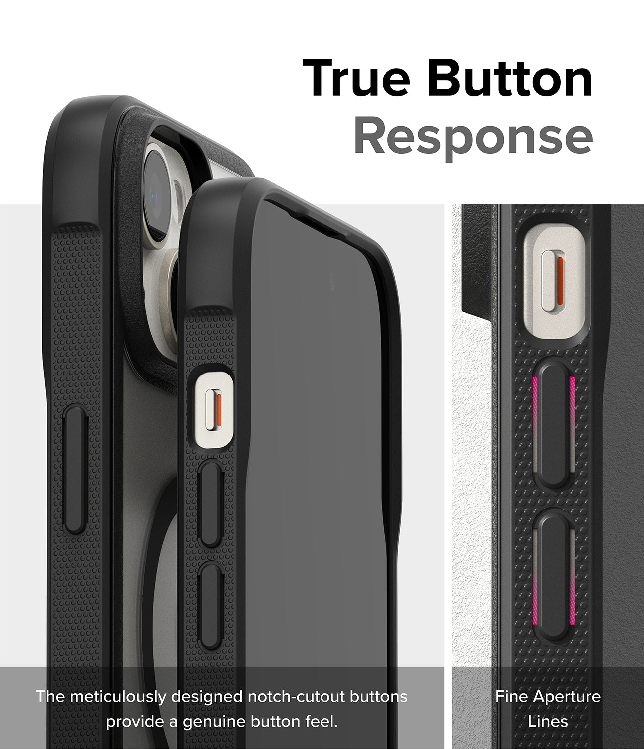 iPhone 15 Plus Case | Fusion Bold Magnetic - True Button Response. The meticulously designed notch-cutout buttons provide a genuine button feel. Fine Aperture Lines.