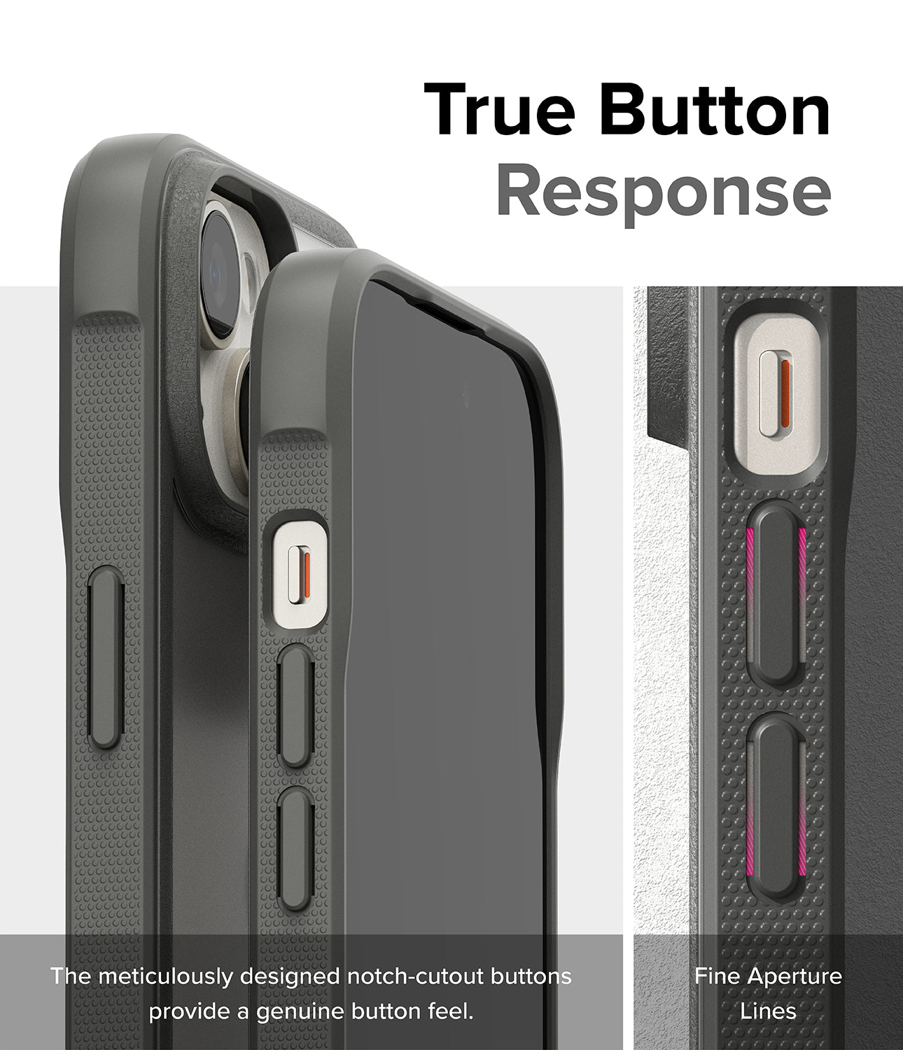 iPhone 15 Plus Case | Fusion Bold - Matte/Gray - True Button Response. The meticulously designed notch-cutout buttons provide a genuine button feel. Fine Aperture Lines.