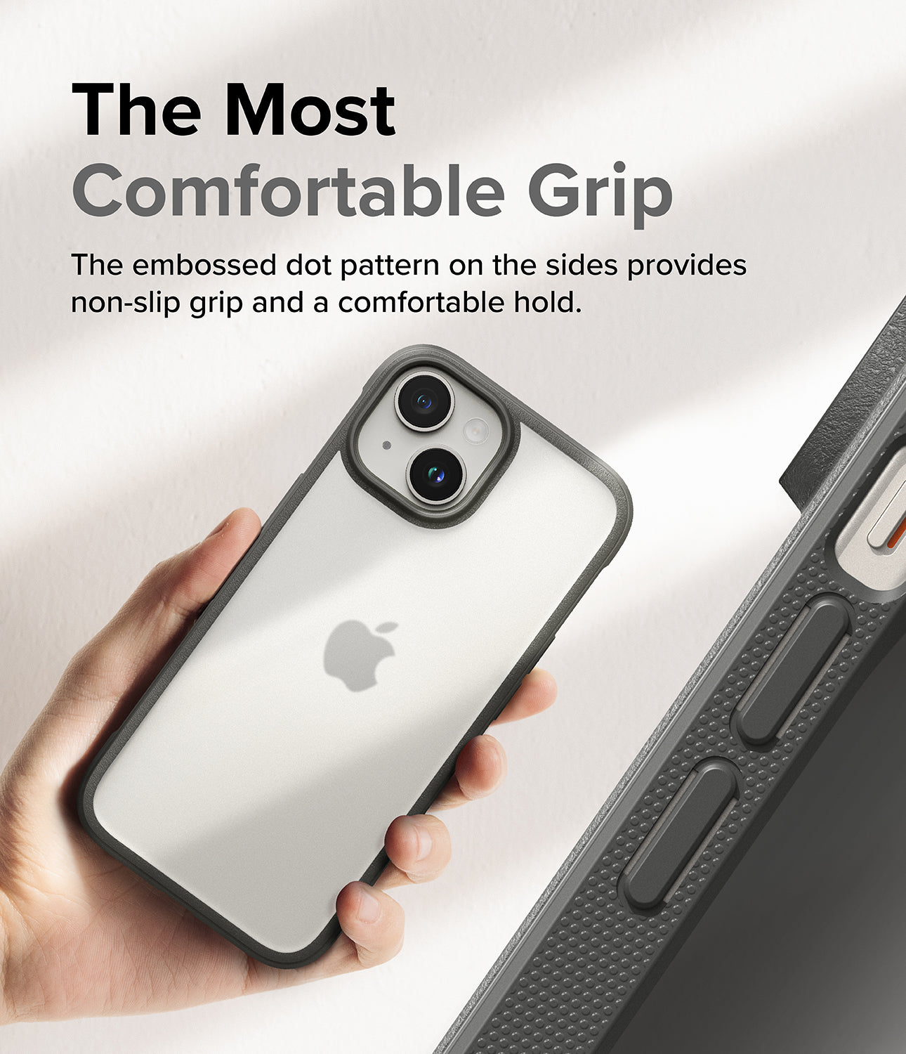 iPhone 15 Plus Case | Fusion Bold - Matte/Gray - The Most Comfortable Grip. The embossed dot pattern on the sides provides non-slip grip and a comfortable hold.