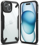 iPhone 15 Plus Case | Fusion-X - Clear protective case with black reinforced corners shown from front and back.