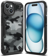 iPhone 15 Plus Case | Fusion-X - Black and white camo phone case with a rugged frame shown from front and back views.