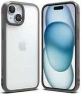iPhone 15 Plus Case | Fusion Bold - Front and back views of a grey-framed clear phone case on an iPhone 15 Plus.