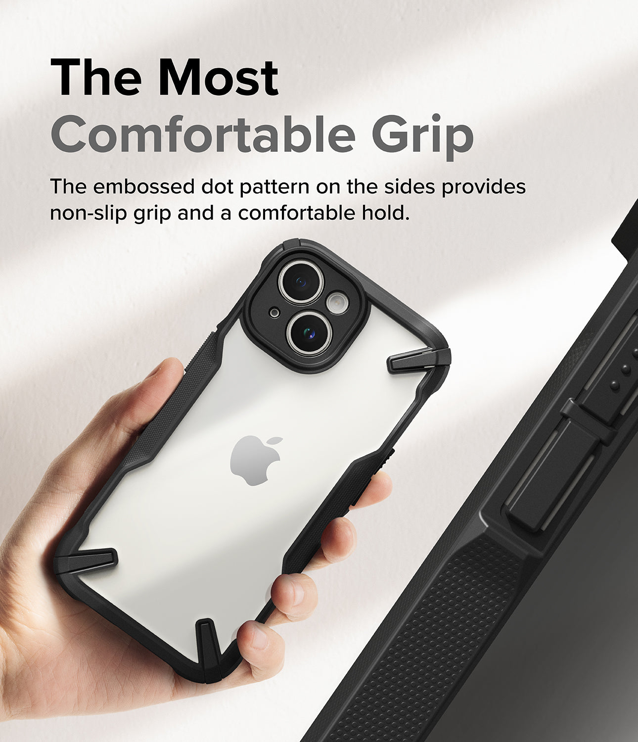 iPhone 15 Plus Case | Fusion-X - The Most Comfortable Grip. The embossed dot pattern on the sides provides non-slip grip and a comfortable hold.