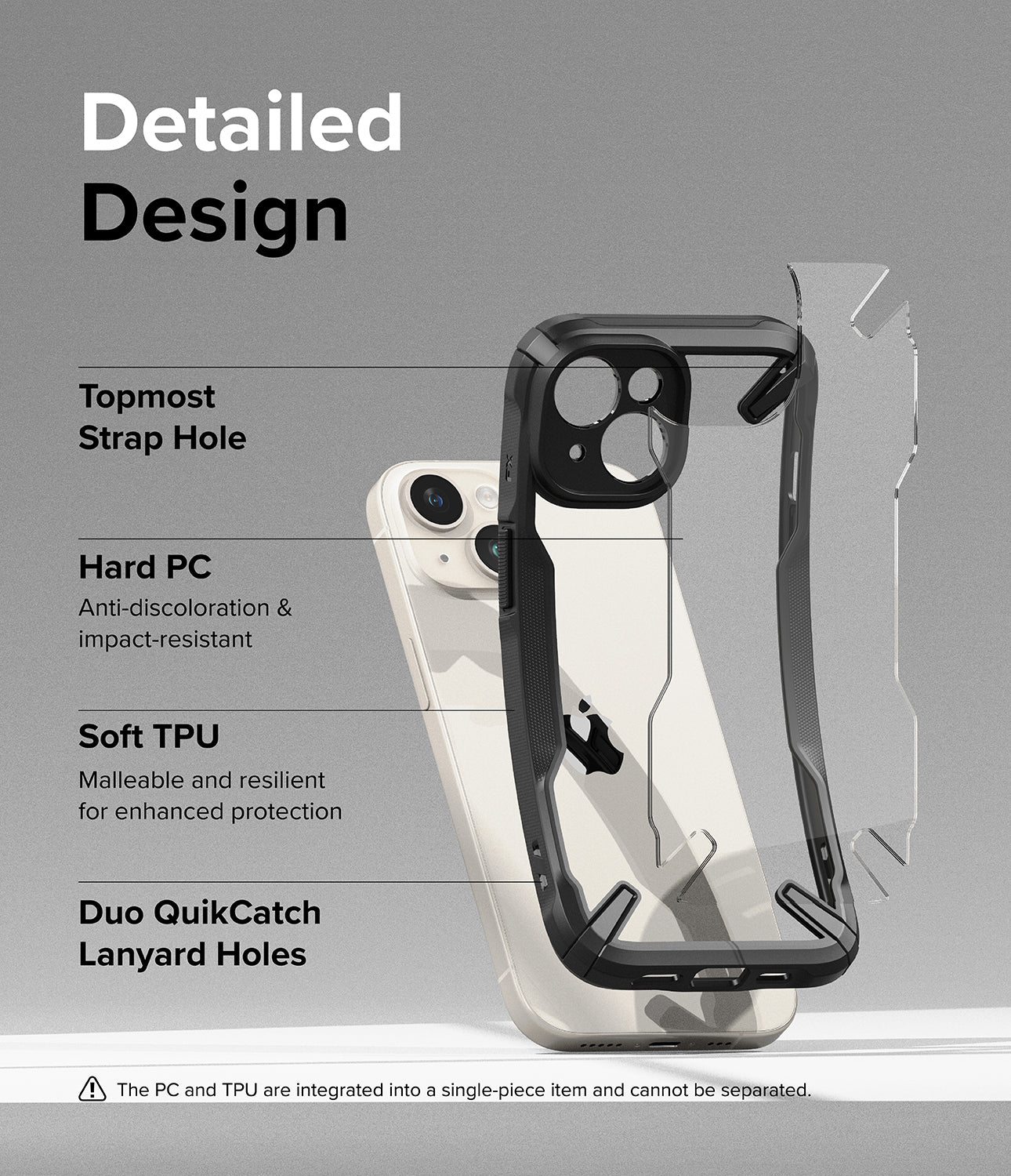 iPhone 15 Plus Case | Fusion-X - Detailed Design. Topmost Strap Hole. Hard PC. Anti-discoloration and impact-resistant. Soft TPU. Malleable and resilient for enhanced protection. Duo QuikCatch Lanyard Holes