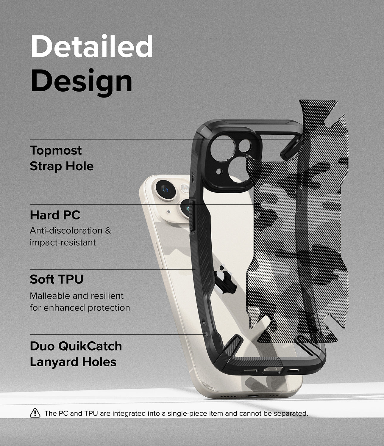 iPhone 15 Plus Case | Fusion-X - Detailed Design. Topmost Strap Hole. Hard PC. Anti-discoloration and impact-resistant. Soft TPU. Malleable and resilient for enhanced protection. Duo QuikCatch Lanyard Holes.