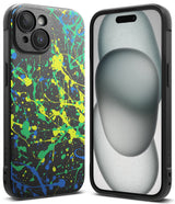 iPhone 15 Plus Case | Onyx Design - Black phone case with neon yellow, green, and blue paint splatter pattern.